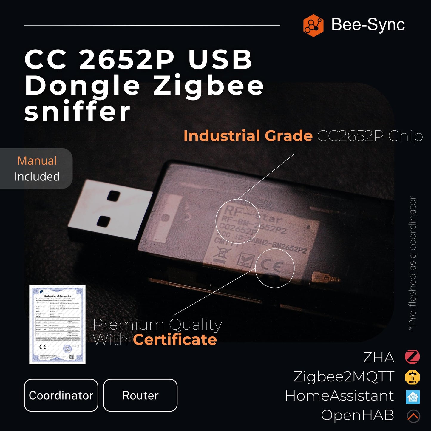 Bee-Sync, Zigbee 3.0 USB Dongle Plus Gateway, Universal Zigbee USB Gateway with Antenna for Home Assistant, Smart Home, Open HAB etc, Wireless Zigbee