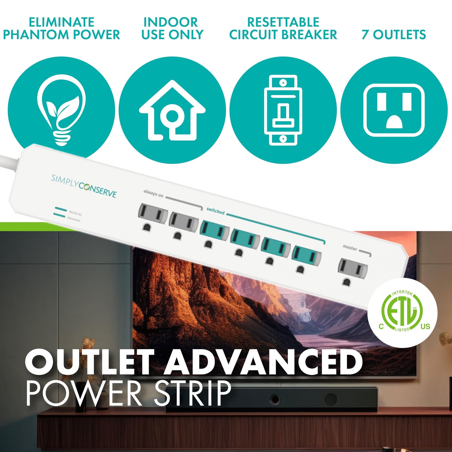 Simply Conserve Advanced Power Strip SC73T1, Surge Protector Outlets, White Power Strip Extension Cord with Multiple Outlets, Power Surge Strip
