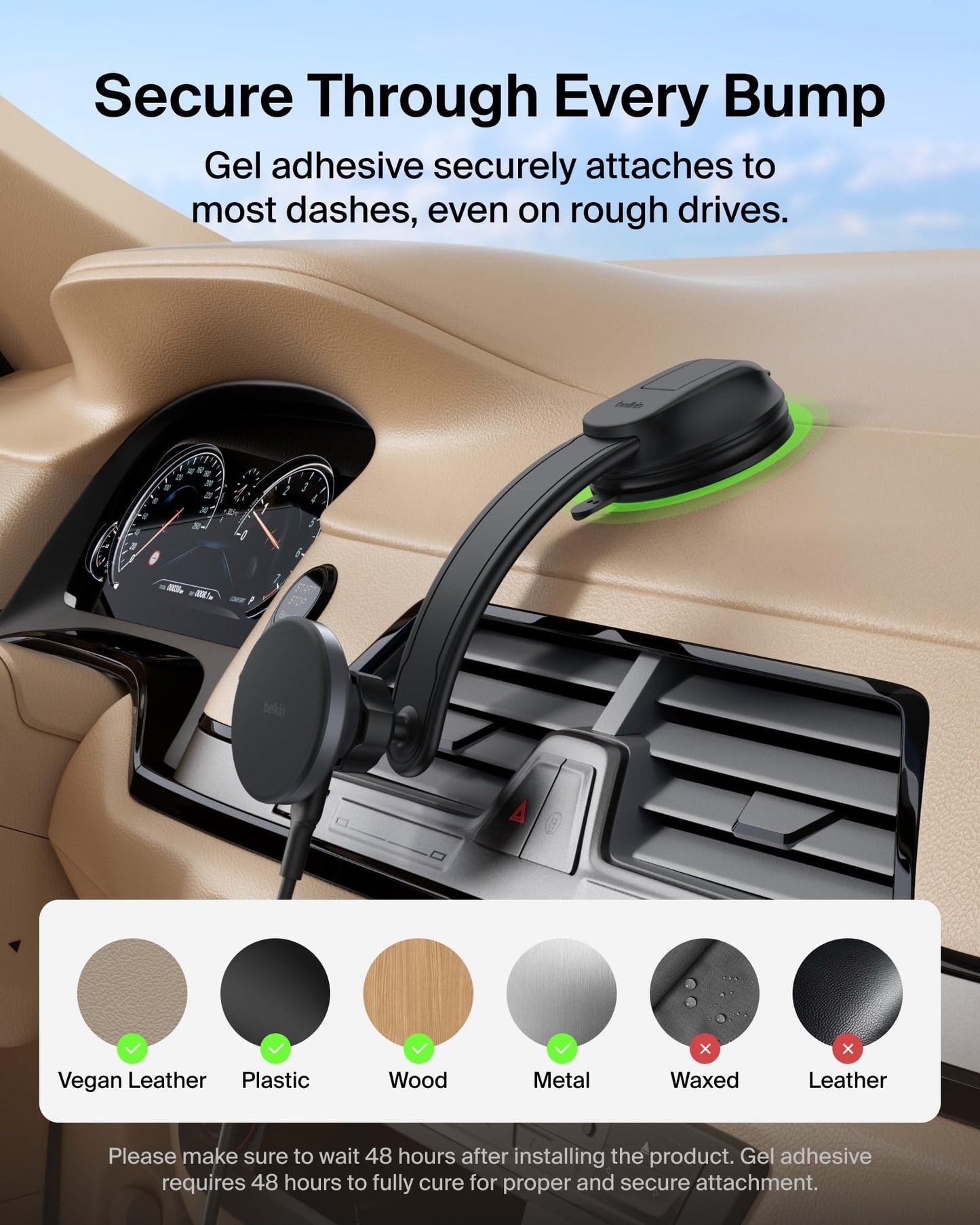 Belkin Wireless Car Charger, MagSafe Phone Holder & Car Dash Mount w/ 1M USB C Cable, Qi2 MagSafe Compatible Fast Charging iPhone Charger for iPhone