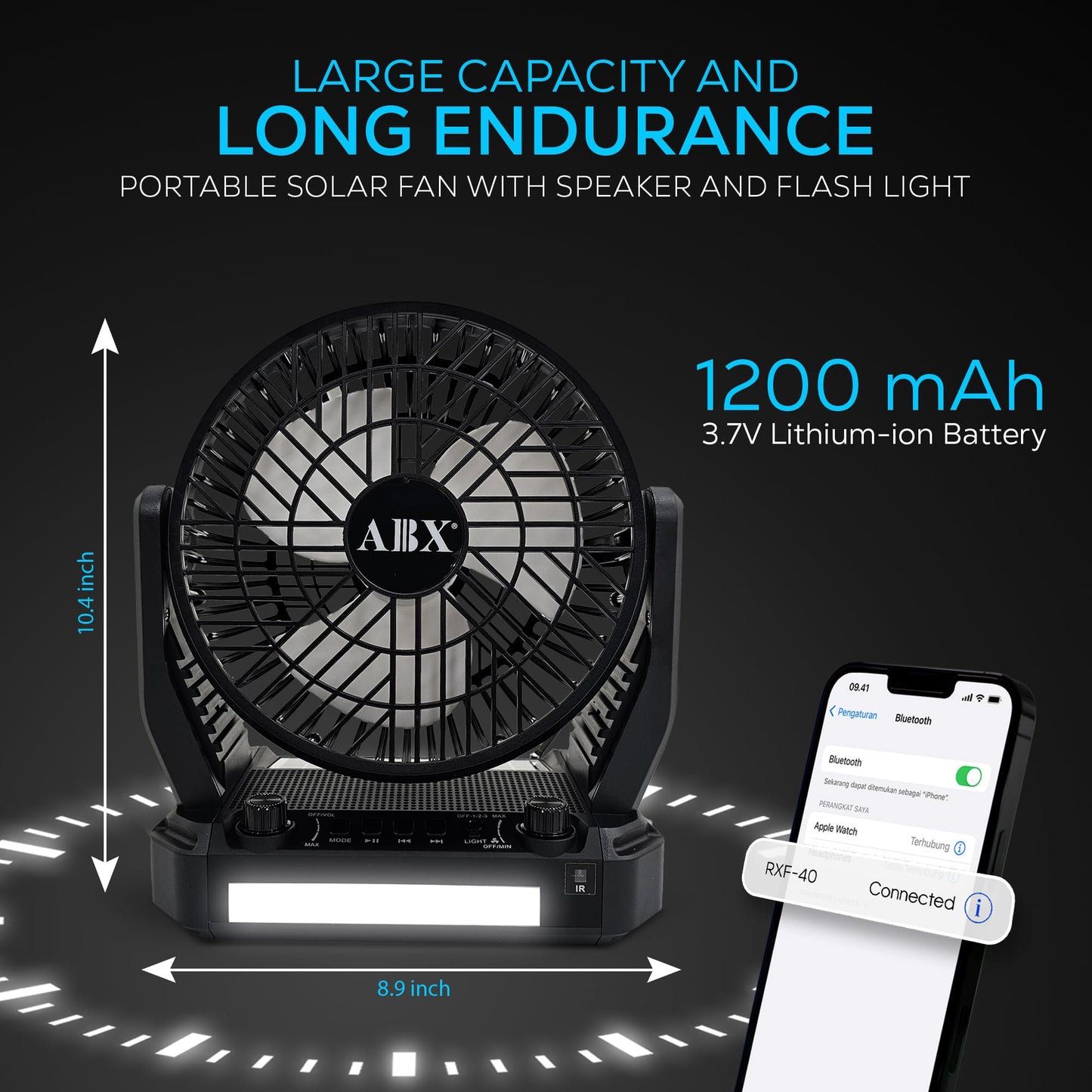 Audiobox Portable Solar Fan with Bluetooth Speaker, FM Radio, LED Light