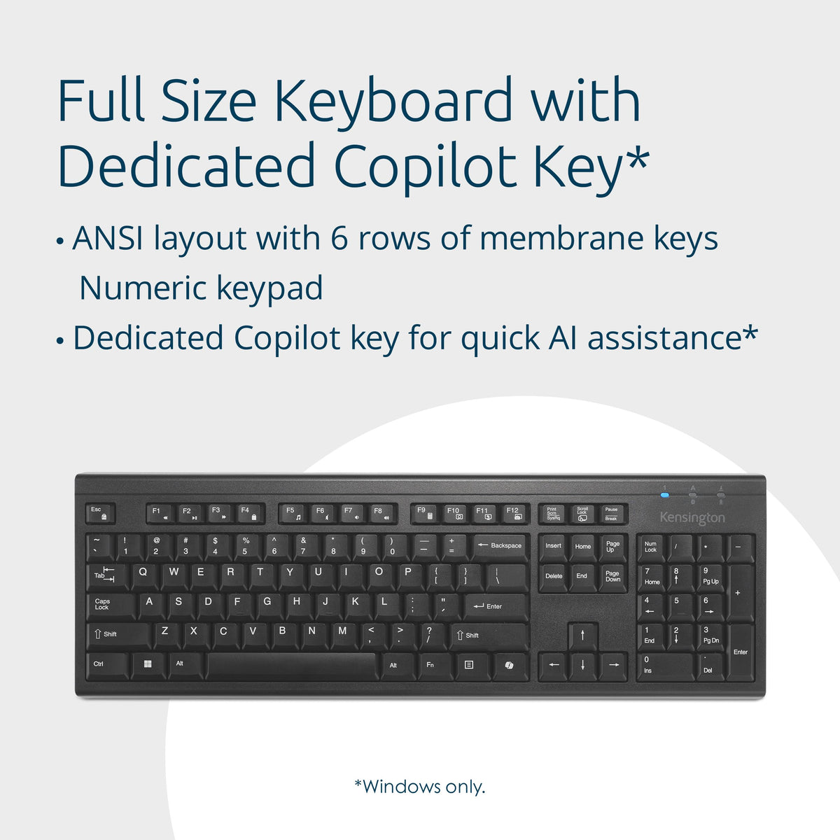 Kensington KB270 EQ Wireless Rechargeable Keyboard, Full-Size, Spill-Proof, 2.4GHz & Bluetooth 5.0 Connection, Compatible with Windows and MacOS