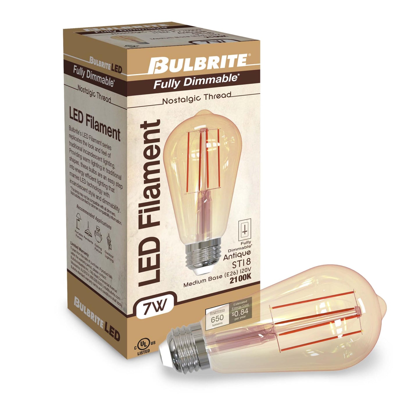 Bulbrite 7W LED Filament Light Bulb, Nostalgic Antique Finish, ST18, E26 Standard Base, 2100k Color Temperature, Amber Light, CRI 80, 650 Lumens (4