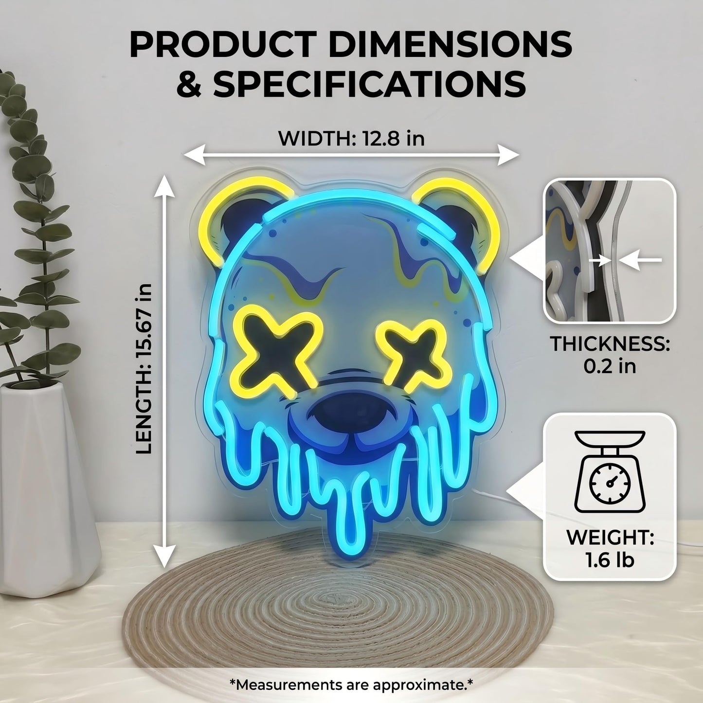 Melting Bear Neon Sign, Cool Yellow & Blue LED Signs for Wall, Dimmable Neon Signs for Wall Decor with Memory Function, Cyberpunk Decor for Gaming
