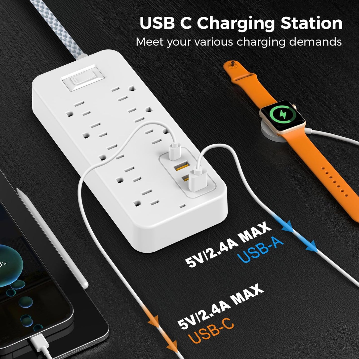 Power Strip Power Bar, Muti-Outlets Ports Desktop Charging Station, Flat Plug Overload Surge Protection Outlet Strip, USB Ports, Extension Cord, Wall