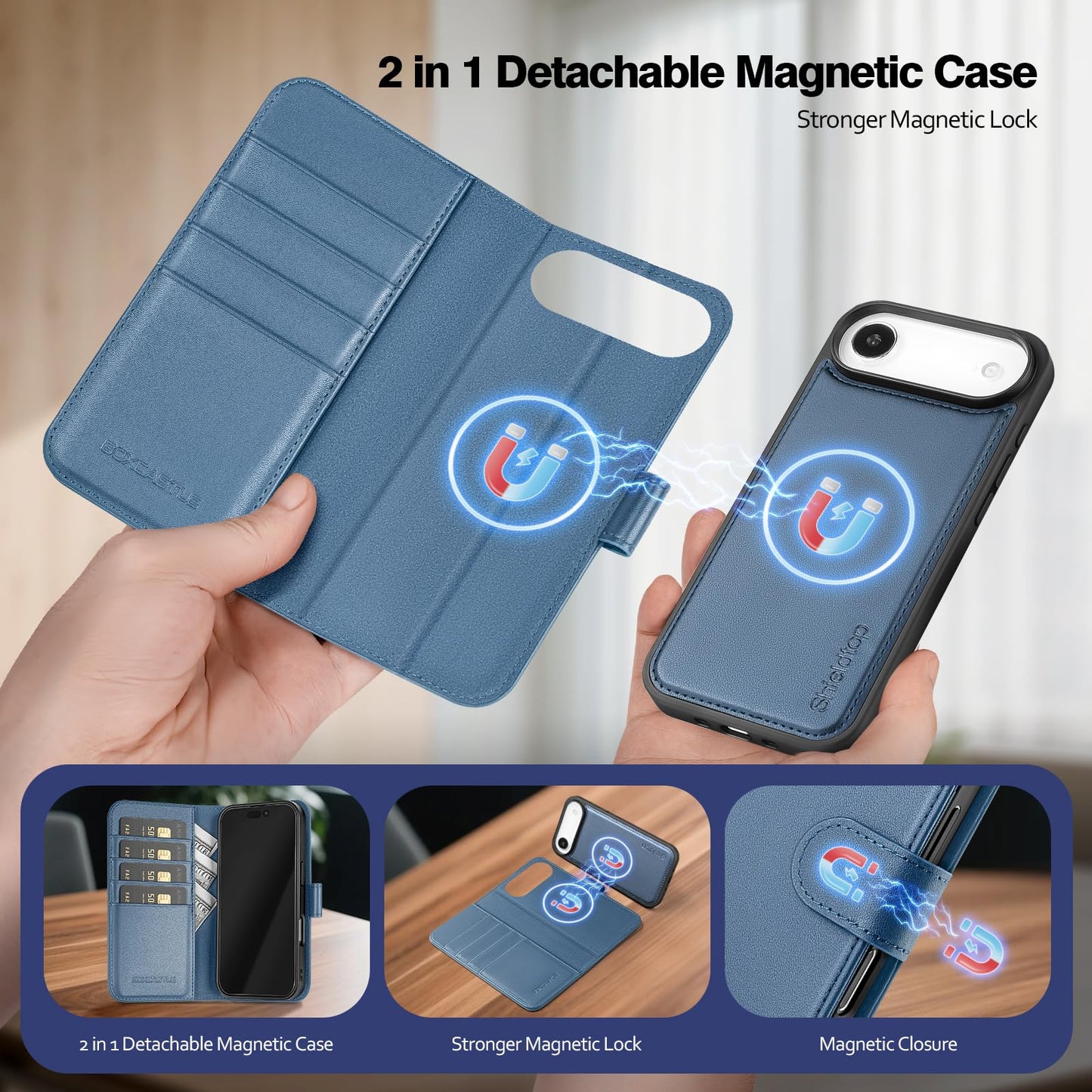 BoxCastle Magnetic 2 in 1 Detachable Compatible with Magsafe iPhone Air Genuine Wallet Case with Card Holder,Women Men Real Leather Flip RFID Blocking