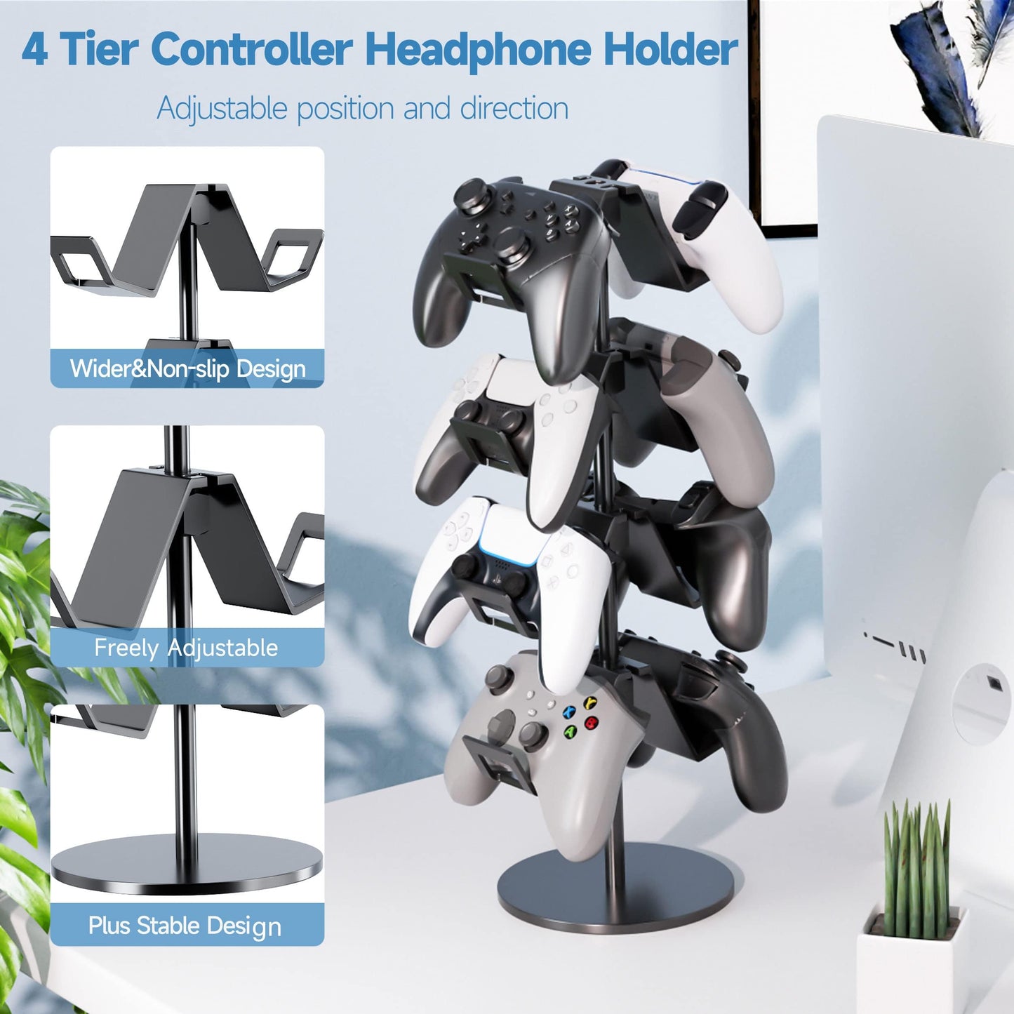 Karanava Controller Holder 4 Tier,Headphone Stand - Adjustable Headset Holder for Xbox PS5 PS4 Switch Pro - Gaming Accessories Storage