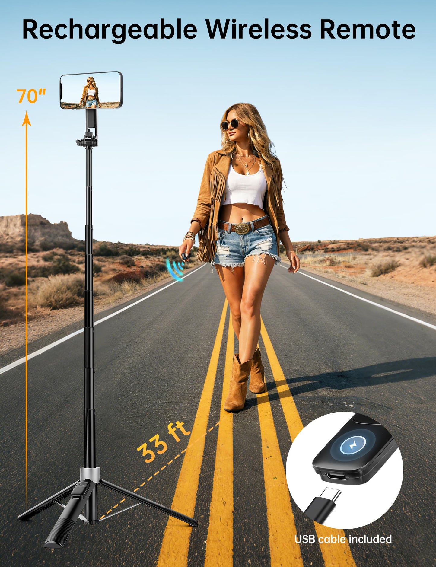 70" Magnetic Phone Tripod, Selfie Stick Tripod for iPhone MagSafe & Camera with Rechargeable Remote & 2 in 1 Magnetic Holder, 360° Rotatable Portable