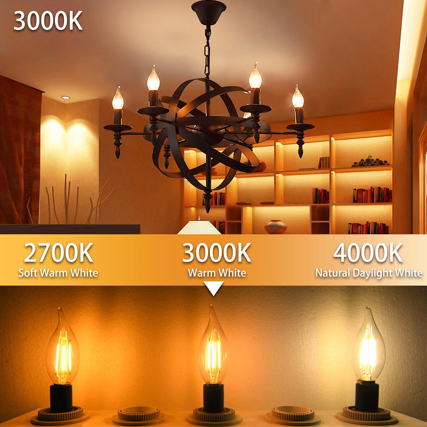Sailstar E12 LED Candelabra Bulbs Dimmable, 60 Watt Equivalent 3000K Warm White Chandelier Light Bulbs, 4W Filament Candle LED Bulbs, Flame Tip, 500