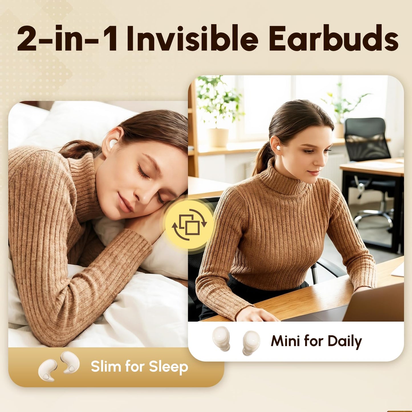 Sleep Earbuds for Side Sleepers, 2 in 1 Mini Earbuds Wireless Bluetooth for Sleeping, Discreet in-Ear Earphones for Small Ear Canals, Noise