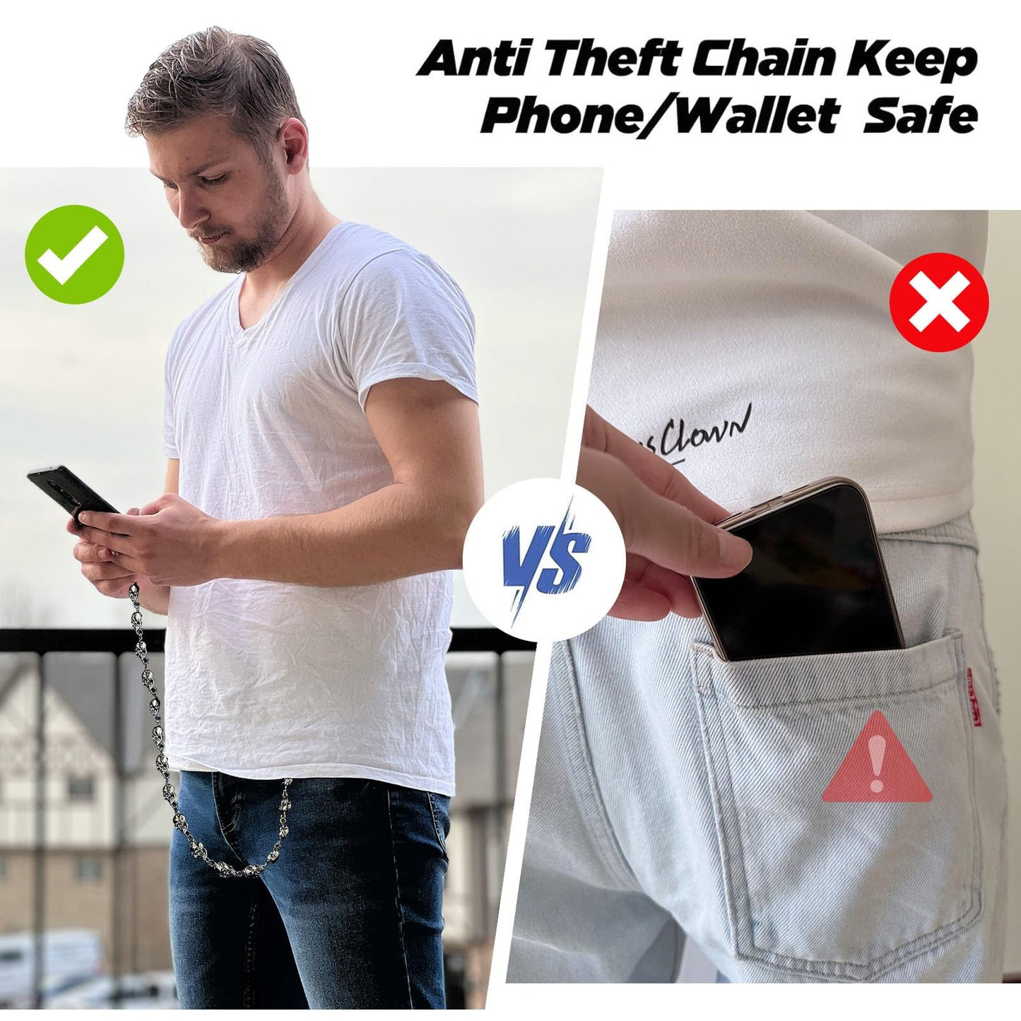 2 pcs Trouser Chains for Men Women Pants Wallet Phone Pocket Chain Jean Biker Belt Lanyard Anti Theft Metal Hip Hop Punk Goth Accessories with 3 Phone