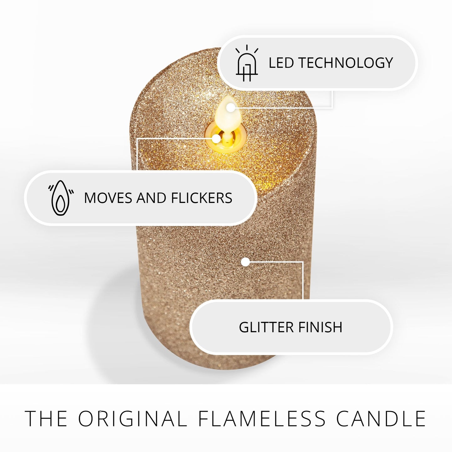 Luminara Realistic Artificial Flame Gold Glitter Pillar Candle - Moving Flame LED Battery Operated Lights - Unscented - Remote Ready - Remote Sold