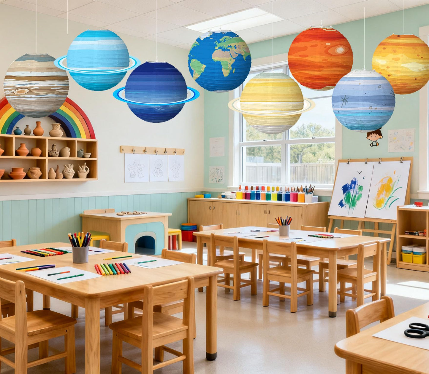 Space Planet Paper Lanterns,12inch ,8pcs Reusable Solar System Planets Hanging Lanterns Ornament Lamp Cover for Outer Space Birthday Party Home