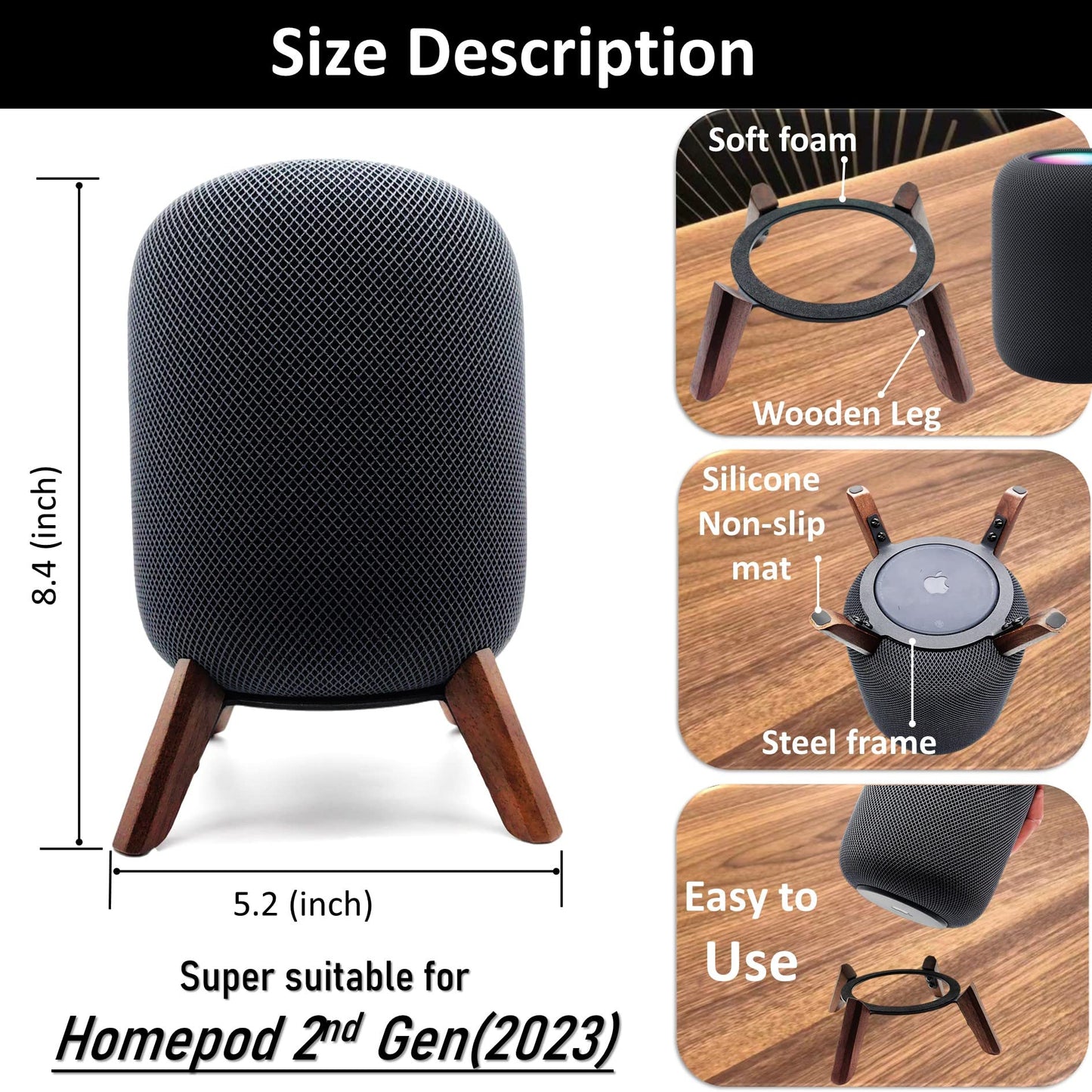 Real Wood Stand for Homepod 2nd gen (2023 Released), Wooden Holder with Metal Frame for Better Sound,Sturdy Stable Mount with Anti-Slip Protects Apple