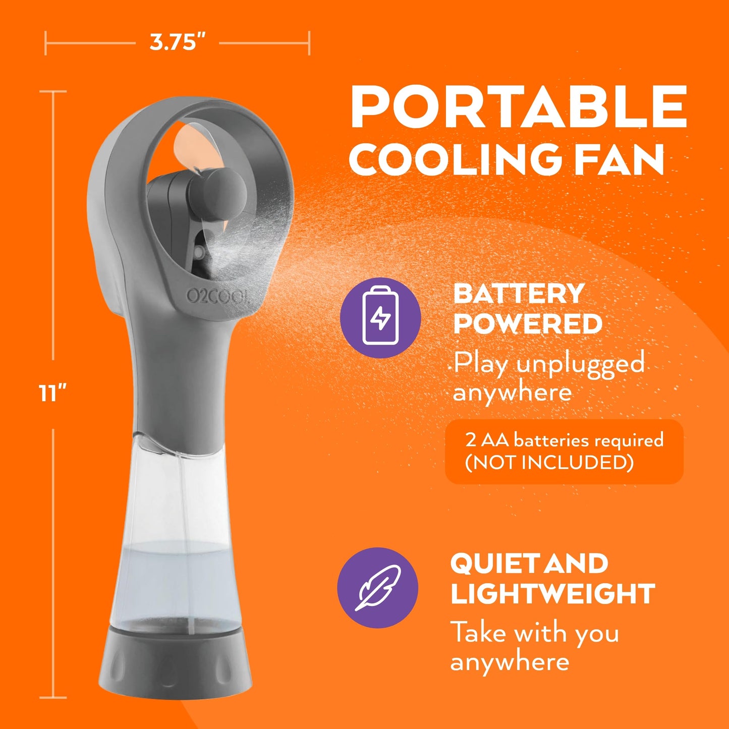 O2COOL Elite Handheld Misting Fan Battery Powered Grey