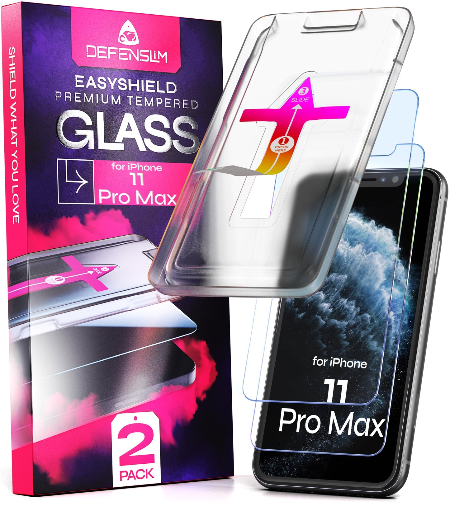Defenslim Screen Protector for iPhone 11 Pro Max (2Pack), Easy Auto-Align Install Kit, 6.5" Tempered Glass, 9H Hardness, Ultra HD Clear, Case