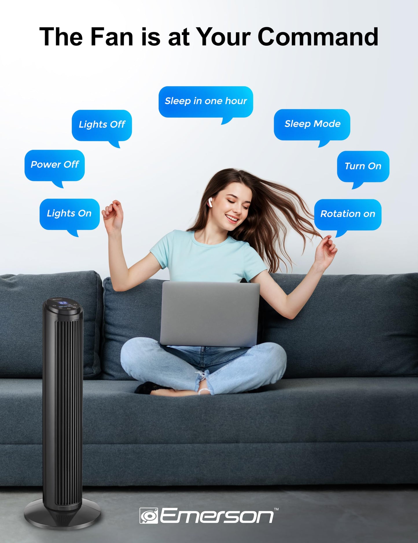 Emerson SmartVoice 29” Tower Fan, Wi-Fi Free Voice Control, Smart Tower Fan for Bedroom, 70° Oscillating, 3 Wind Speeds, 15-Hr Timer, Sleep Mode