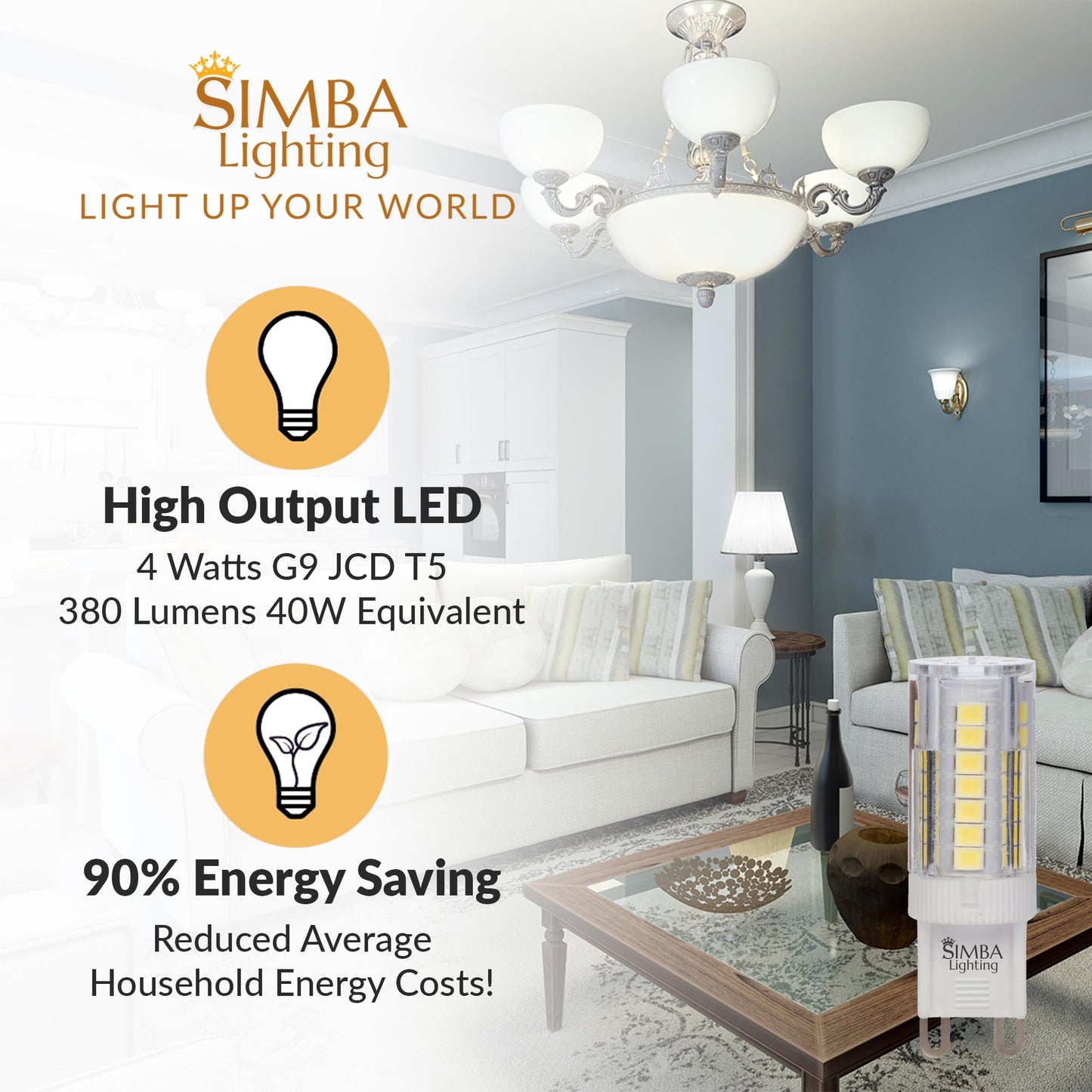 Simba Lighting LED G9 4W 120V T5 Light Bulb, JCD Bi-Pin Base, 6000K, 5 Pack