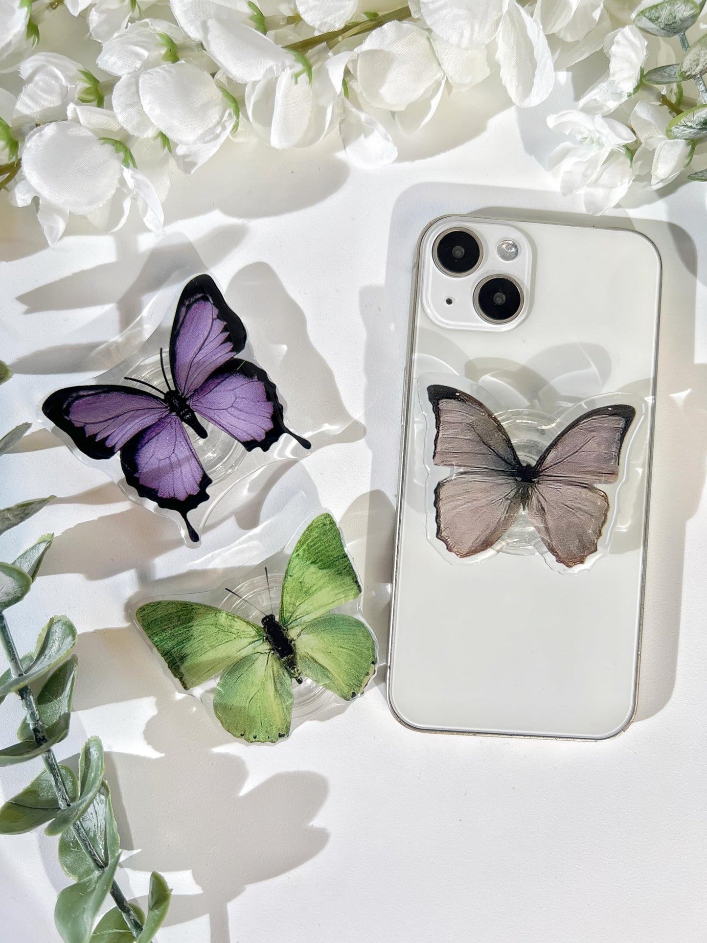 Butterfly Sticky Mobile Phone Grip, Clear Cell Phone Stand, Cell Phone Charms Accessory, Collapsible Handle Grip Holder for Kindle