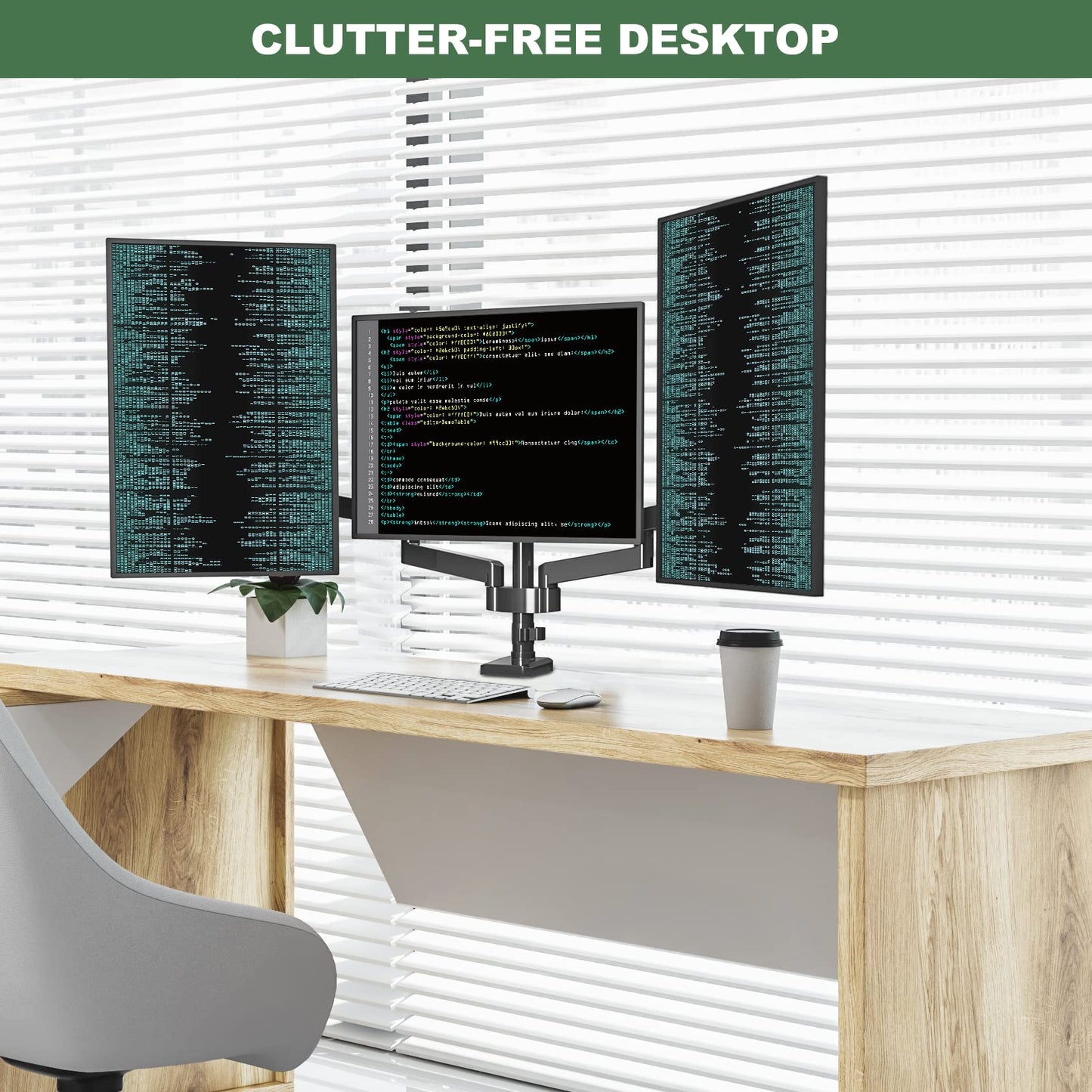 UPGRAVITY Triple Monitor Desk Mount for Three Flat/Curved Computer Screens up to 27 inch, Fully Adjustable Gas Spring Triple Monitor Arms Hold up
