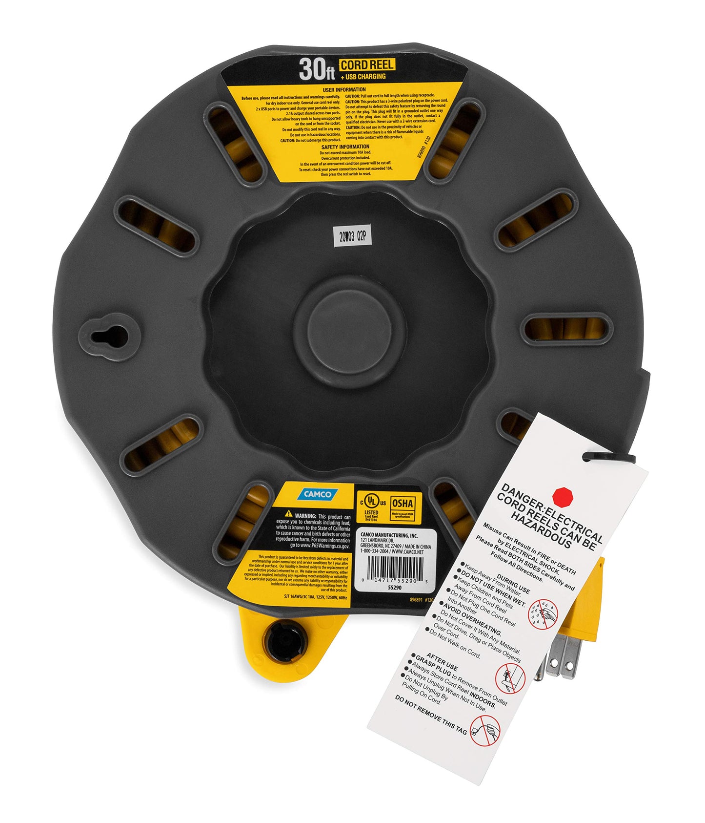 Camco 30-Ft 10 Amp RV Extension Cord Reel - Rated for 125V / 1,250W - Features 4 125V Electrical Outlets & 2 USB Ports - Includes On/Off Switch &