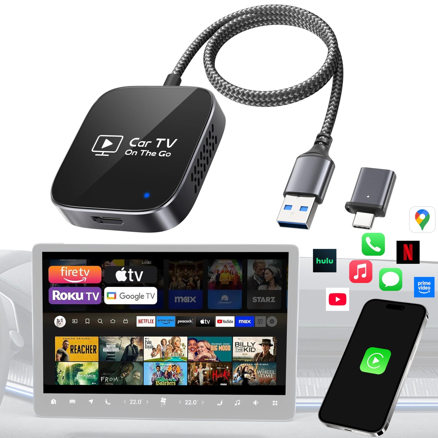 2-in-1 Wireless CarPlay Adapter & Car TV Mate Pro 2026 [Metal & Glass Case] Convert Wired to Wireless Car Play with HDMI Input for TV Stick, Screen