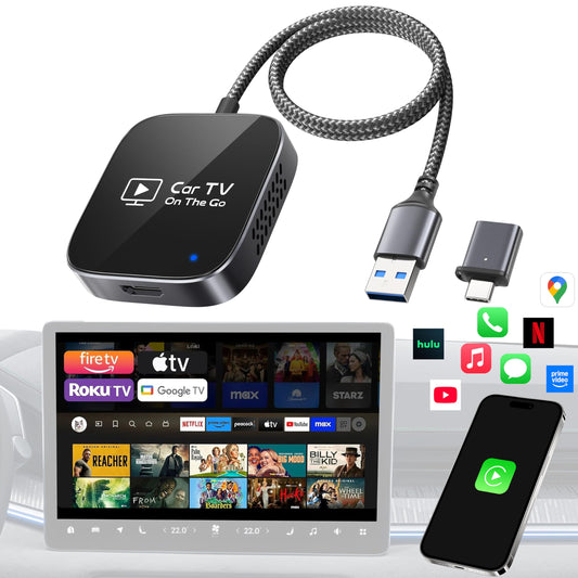 2-in-1 Wireless CarPlay Adapter & Car TV Mate Pro 2026 [Metal & Glass Case] Convert Wired to Wireless Car Play with HDMI Input for TV Stick, Screen