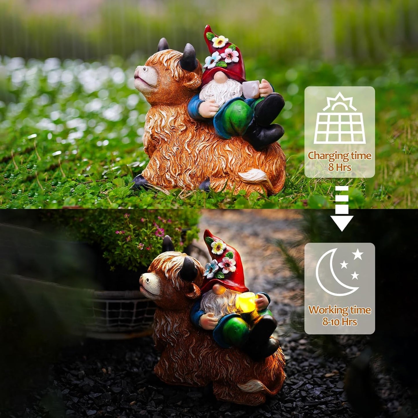 Pohabery Garden Gnomes Decor Outdoor Statues Gnome on Highland Cow Hold Solar Cup Light Outdoor Decorations for Patio,Yard and Gift for Mom?L