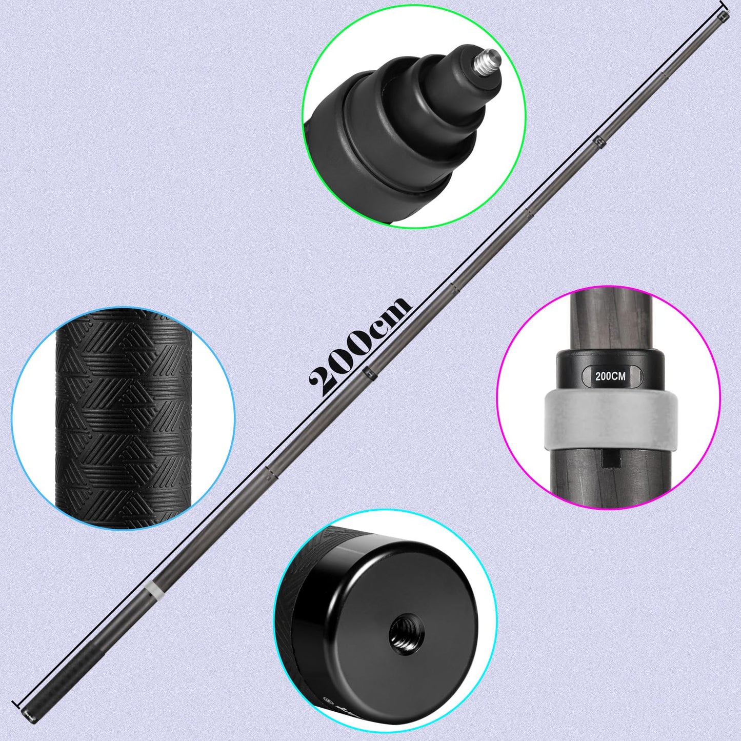 Funnyfox 33cm Extended to 2m Long True Carbon Fiber Super Long Extend Invisible Selfie Stick for insta360 X5 x4 Insta 360 X5 x4 x3 x2 x one r rs