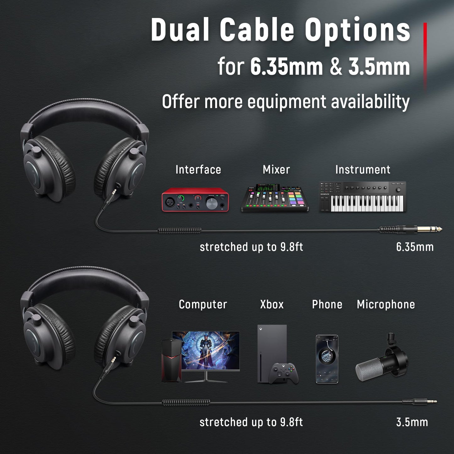 FIFINE Studio Monitor Headphones for Recording, Wired Headphones with 50mm Driver, Over Ear Headset with Detachable Cables 3.5mm or 6.35mm Jack