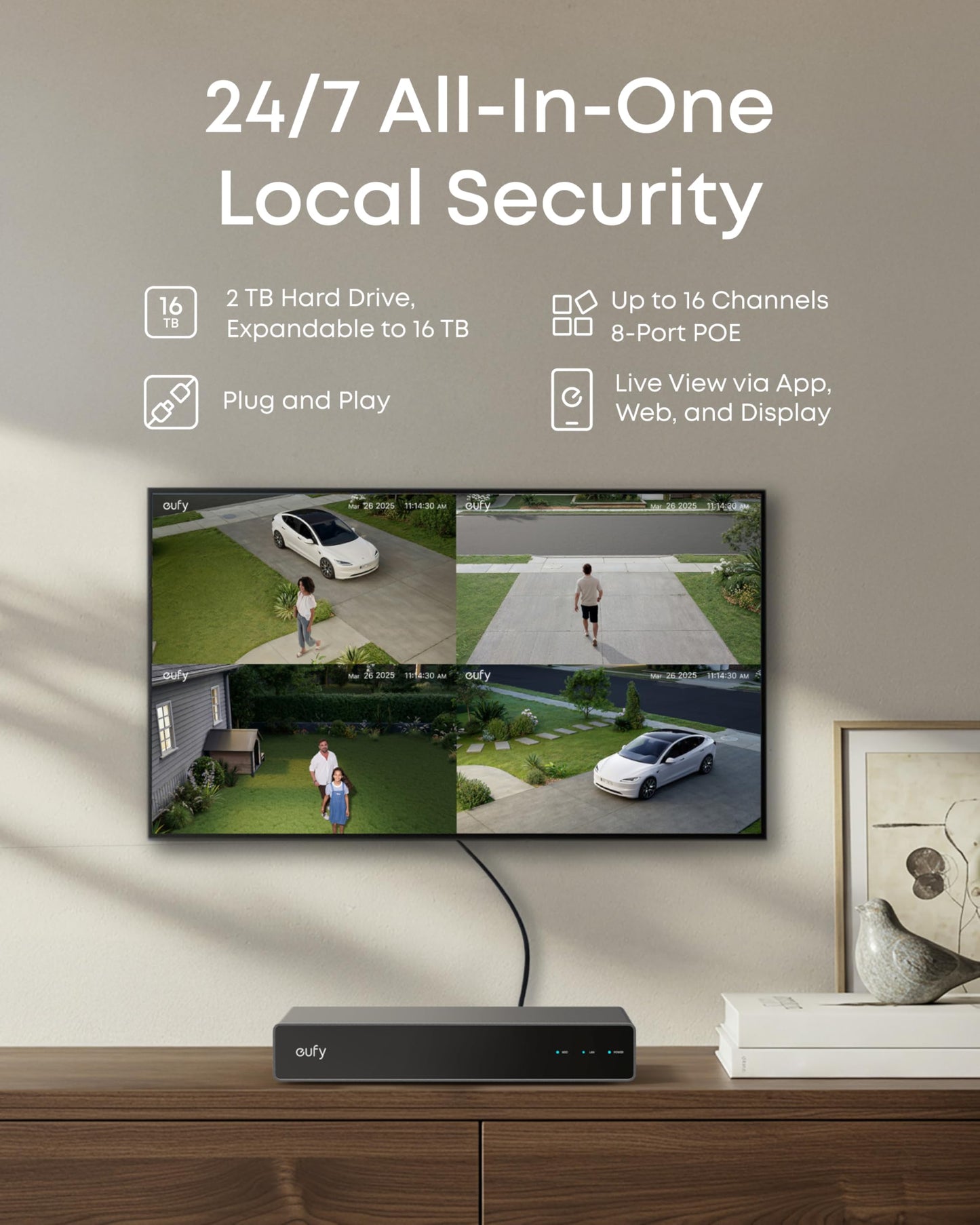 eufy PoE NVR Security Camera System S4, 24/7 Recording,Up to 16CH, 2TB HDD, 2 Bullet-PTZ Cams, 2 Bullet Cams, 360° PTZ, AI Auto Framing & Tracking