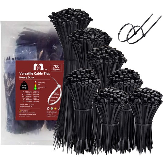 Zip Ties Assorted Sizes 700 Pack 4+6+8+10+12 Inch Cable Ties Heavy Duty 40lbs Plastic Wire Ties UV Resistant Zipties Black Small Zip Tie Wraps