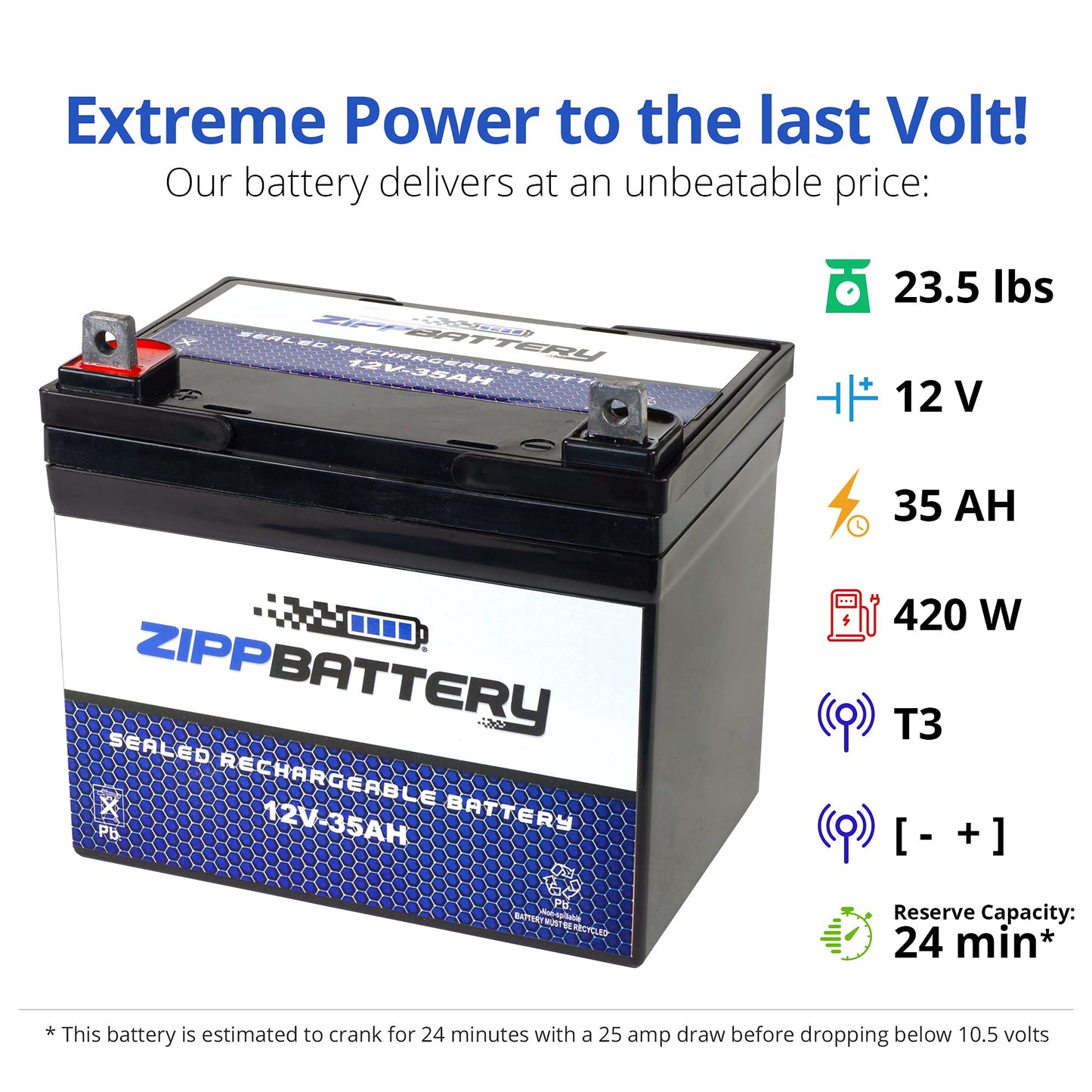 ZIPPBATTERY 12V 35AH T3 Maintenance-Free Battery for Lawn Mowers, Snow Blowers, Solar Energy, UPS Systems, and More - Nut and Bolt (T3) Terminal