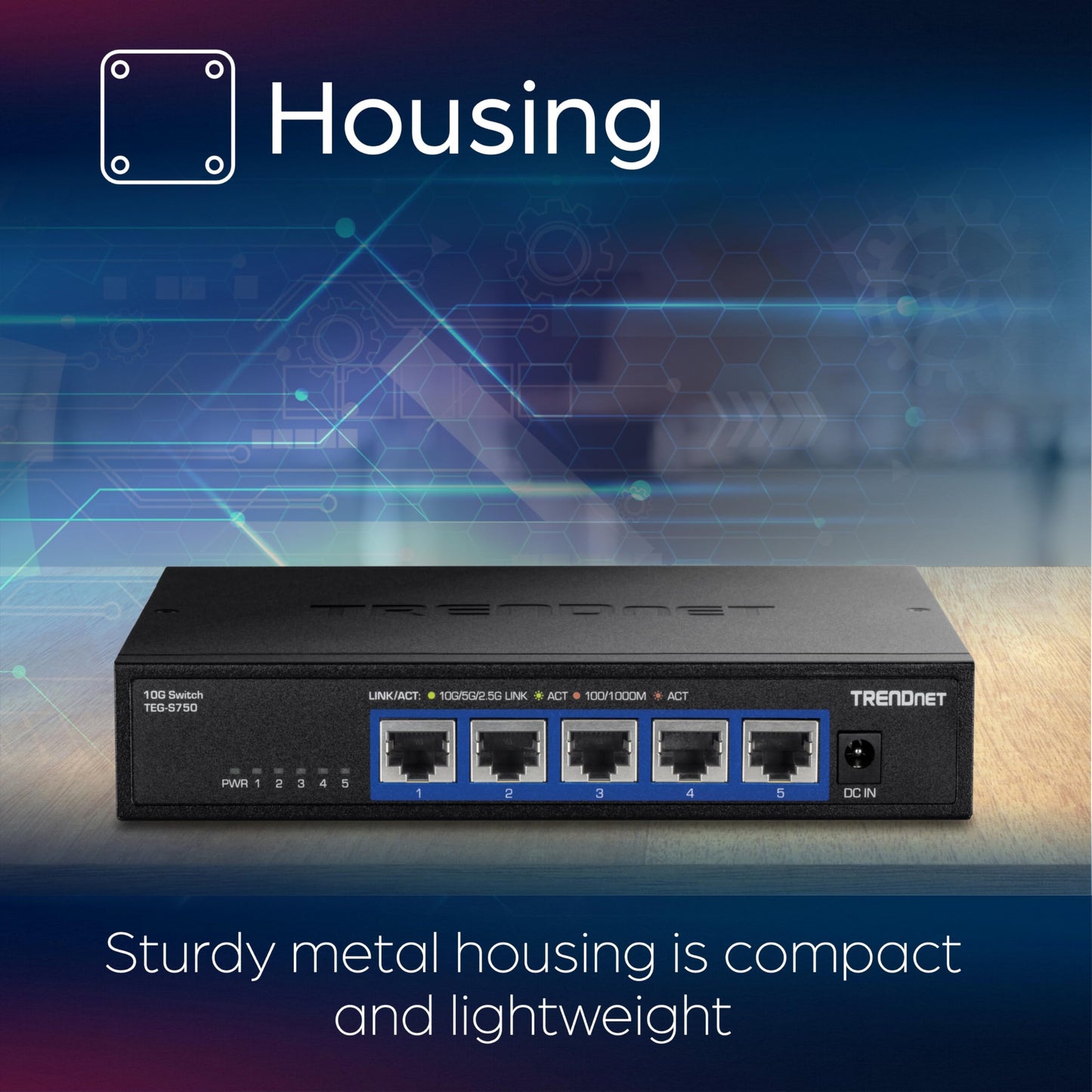 TRENDnet 5-Port 10G Switch, TEG-S750, 5 x 10G RJ-45 Ports, 100Gbps Switching Capacity, Supports 2.5G and 5G-Base-T Connections, Ethernet Splitter