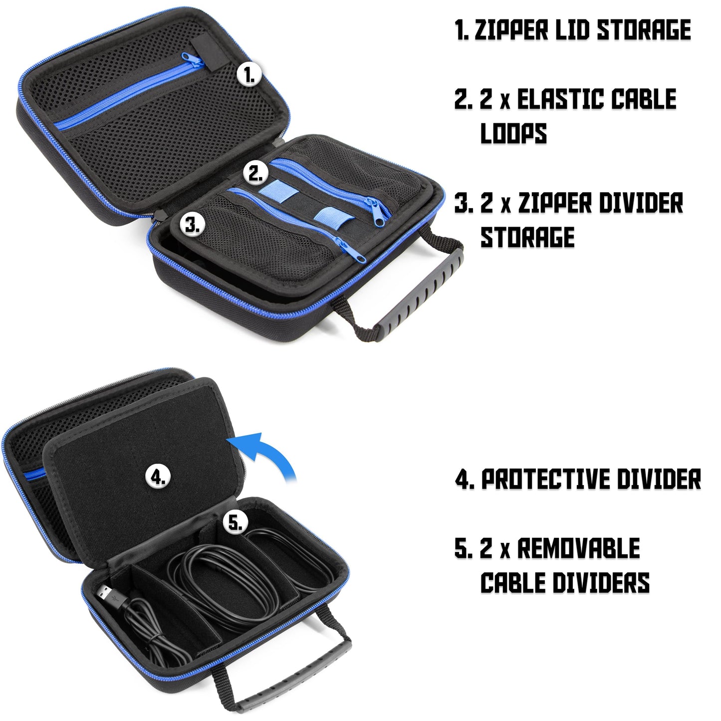 CASEMATIX Hard Shell Electronics Organizer Travel Case with 2 Adjustable Cable Bag Dividers, 3 Zipper Pouches and Elastic Cable Loops - Compact and