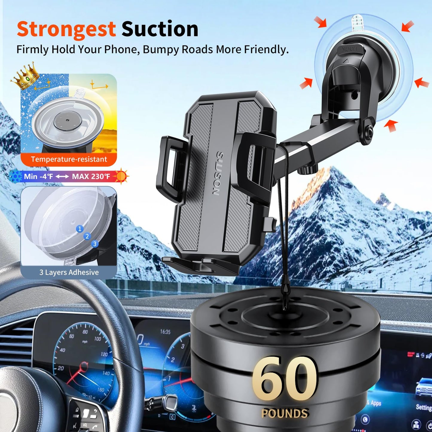 SUUSON Upgraded 3-in-1 Car Phone Holder Mount [Powerful Suction] Phone Mount for Car Dashboard Air Vent Windshield,for All iPhone Android Phone