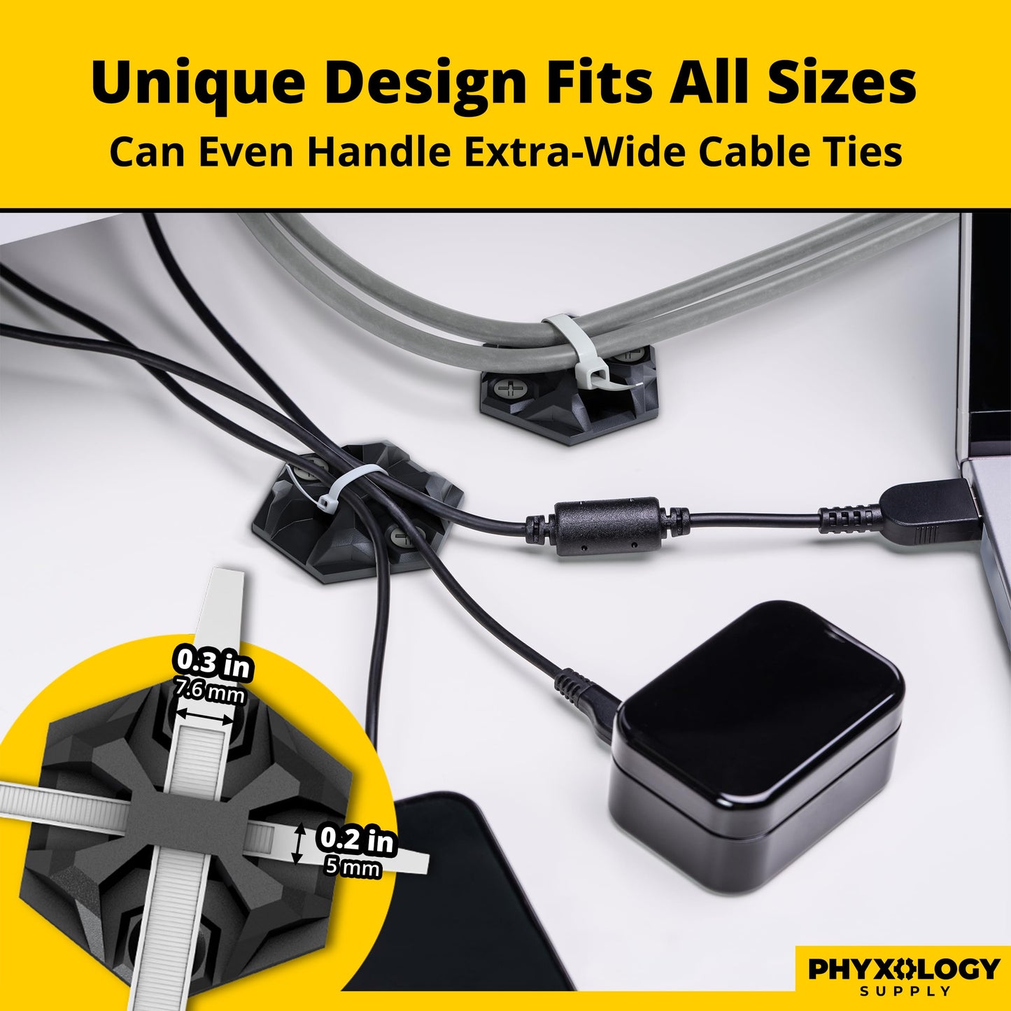 Rugged, Stylish Adhesive XL Zip Tie Mounts 100 Pack. Premium 1.5in Sticky Back Ziptie, Cord, and Cable Management Anchor Clips. Easy Peel and Stick