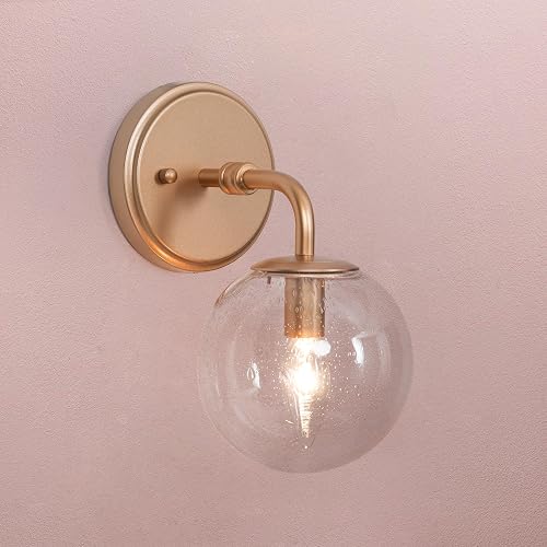 GEPOW Gold Wall Sconce, 1-Light Minimalist Sconces Wall Lighting with Seeded Glass Globe, Modern Wall Mounted Light Fixture for Bathroom, Bedroom