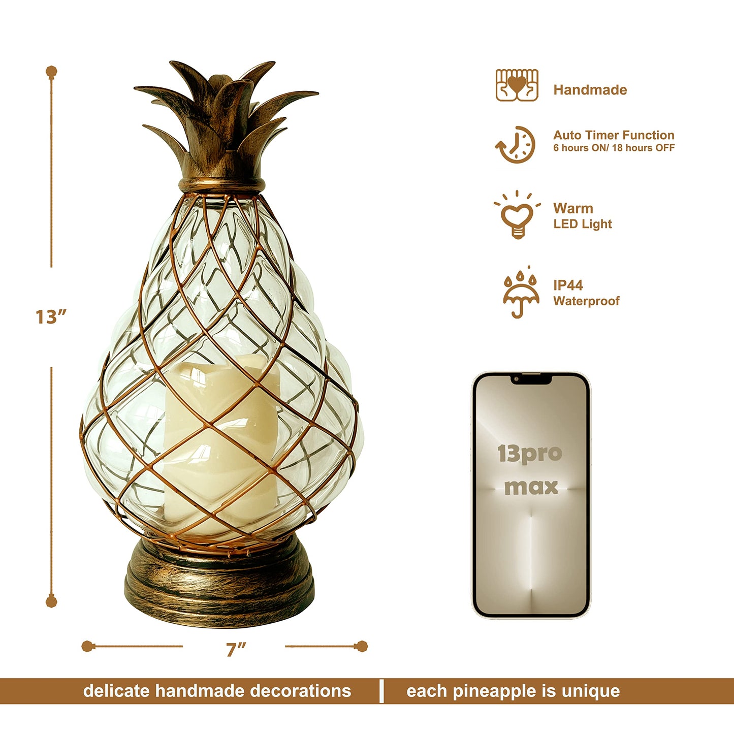 MOZEAL 13" Outdoor Glass Pineapple Lantern,Ip44 Waterproof,6 Hours Timer,Decorative Candle Lantern,with Flameless Candles,Battery Operated,for Front