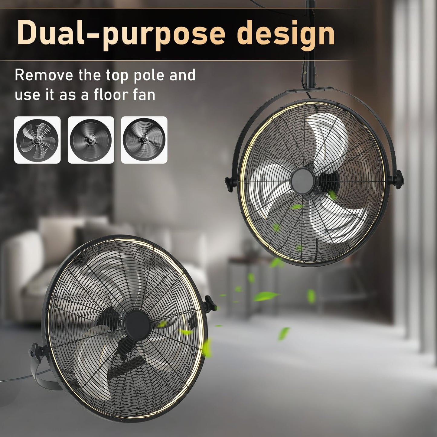 AHAWILL 22.8" Outdoor Hanging Ceiling Fan with Light - 360 Rotatable Fixed Angle,Plug-in,3CCT Dimmable,6 Speeds,Timer & Reversible,2-in-1