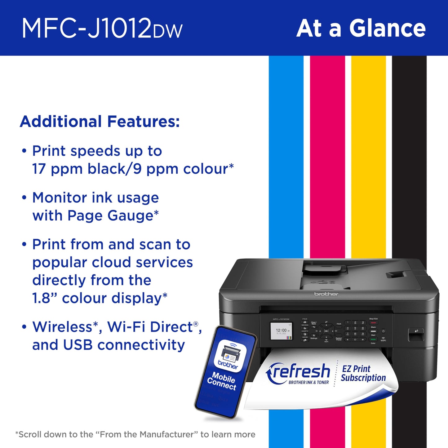 Brother MFC-J1012DW Wireless Colour Inkjet All-in-One Printer with Mobile Device and Duplex Printing, for Home Office and Personal Use, Refresh