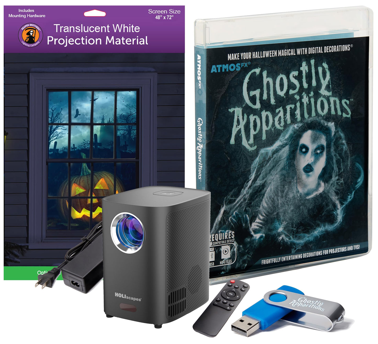 HoliScapes® USB Projector Kit - AtmosFx Ghostly Apparitions on USB + Projector + 48" x 72" Large White Holographic Screen for Halloween Projection