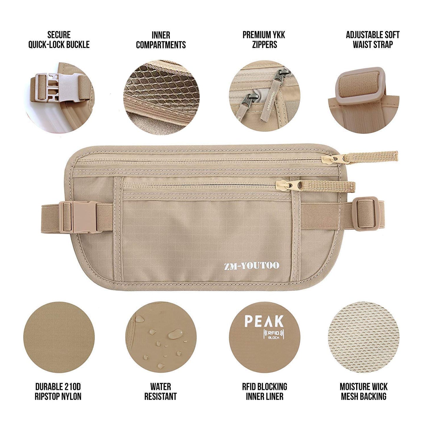 ZM-YOUTOO RFID Blocking Money Belt – Hidden Travel Waist Pouch & Passport Holder Wallet for Cash, Cards & ID, Khaki