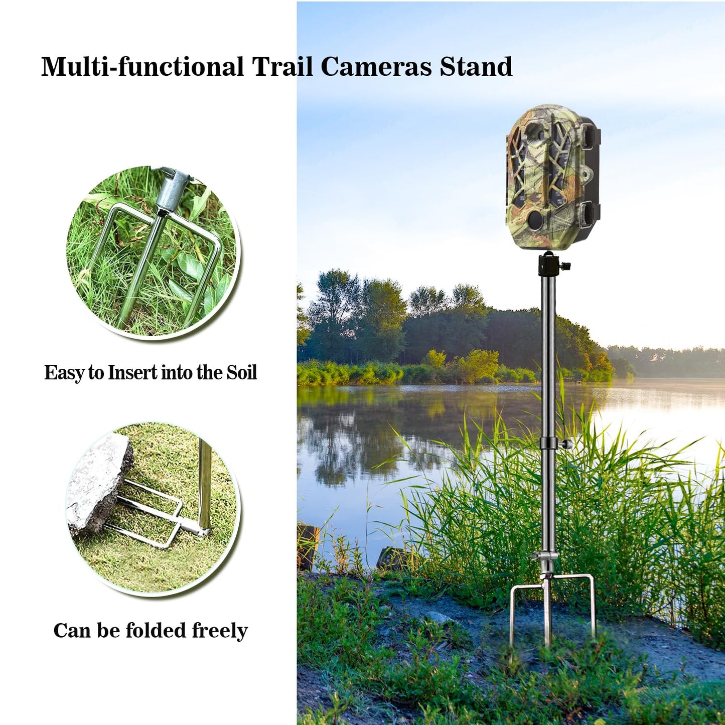 Trail & Game Camera Stand Mounts Thick Foldable Stainless Steel Bracket 360° Adjustable Universal Thread Connection 1/4''-20 (6 mm) for Hunting