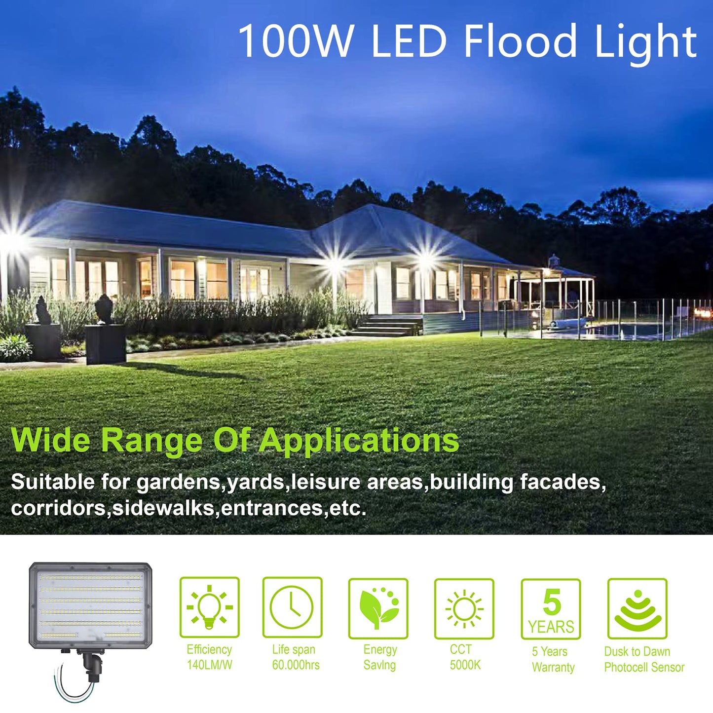Paktonvo 100W LED Flood Light with Knuckle, Outdoor Flood Light Dusk to Dawn Photocell 5000K 14000lm AC100-277V Equivalent 1000W, ETL Waterproof Wall