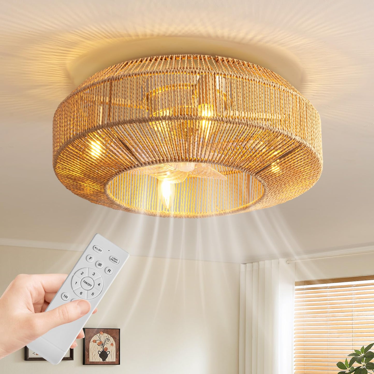MOOONICHE 20" Boho Caged Ceiling Fan with Light Flush Mount Boho Caged Ceiling Fan Fandelier with Remote Control 6 Speeds Fandelier for Bedroom