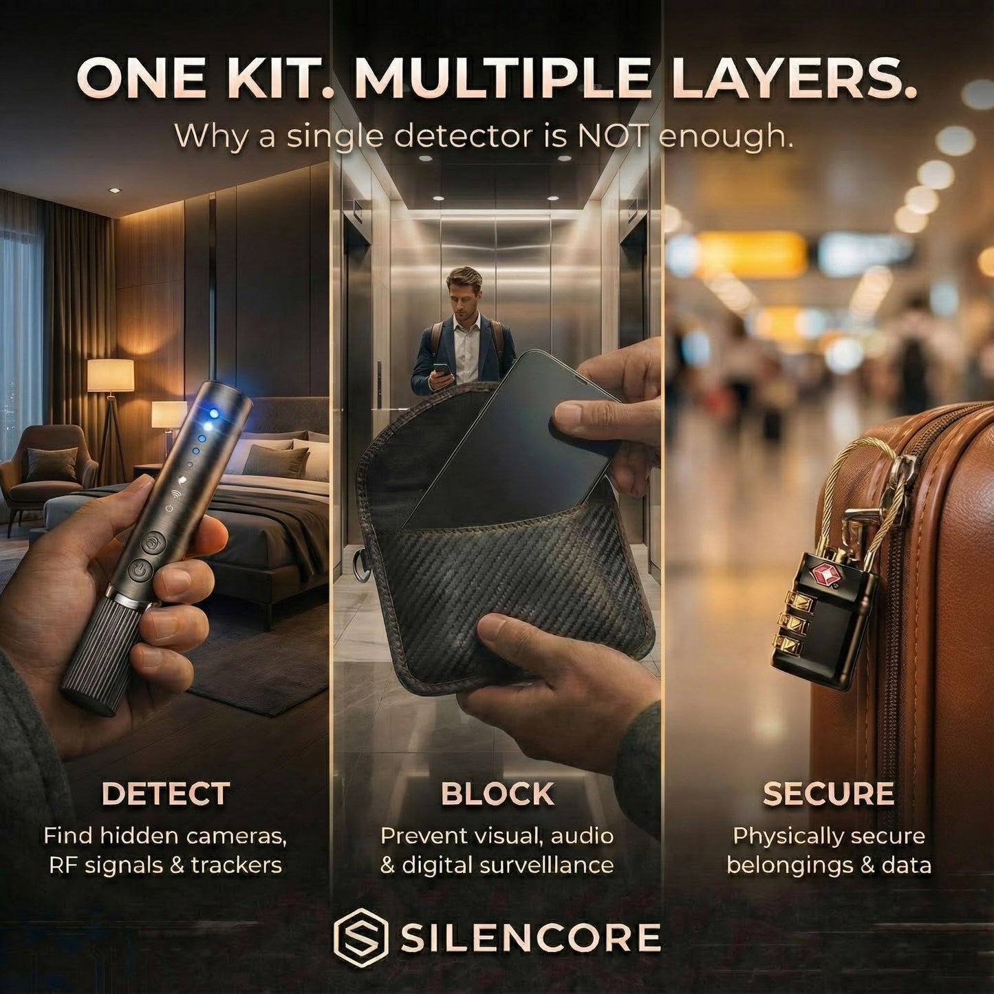 Hidden Camera Detector by Silencore - Travel Privacy Protection Kit for Hotels & Airbnb, Office | Spy Camera Detection, GPS Tracker Detector, USB Data