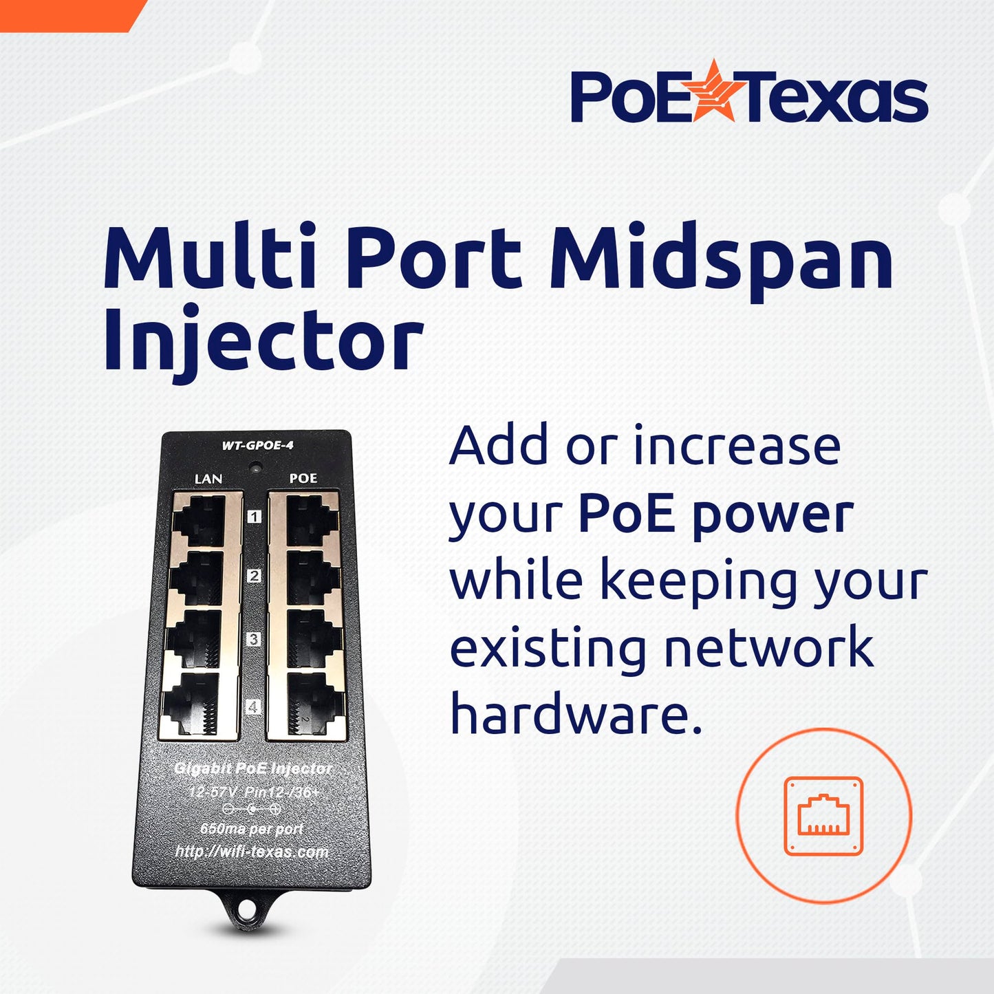 PoE Texas 4-Port Gigabit Passive PoE Injector, No Power Supply