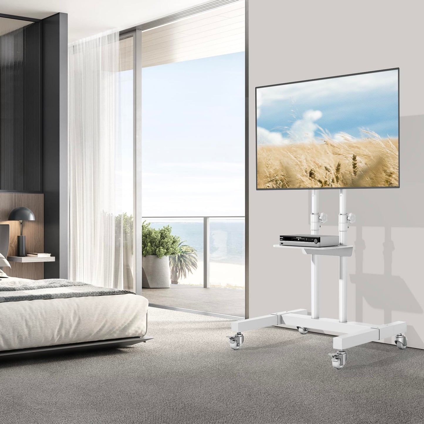 TVON Upgraded Mobile TV Stand on Wheels for 32-83 inch Flat Screen/Curved TVs up to 110 lbs, Height Adjustable Mobile TV Cart with Metal Laptop Shelf