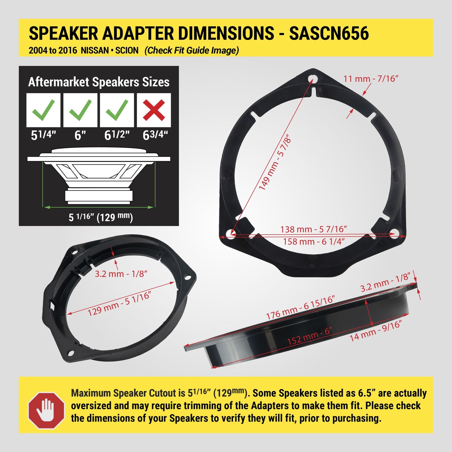 Scosche SASCN656 5.25-6.5” Speaker Adapters - Compatible with Select 2004-16 Nissan and Scion - Adapter for 5 1/4" to 6 1/2" Car Speakers - Sold in
