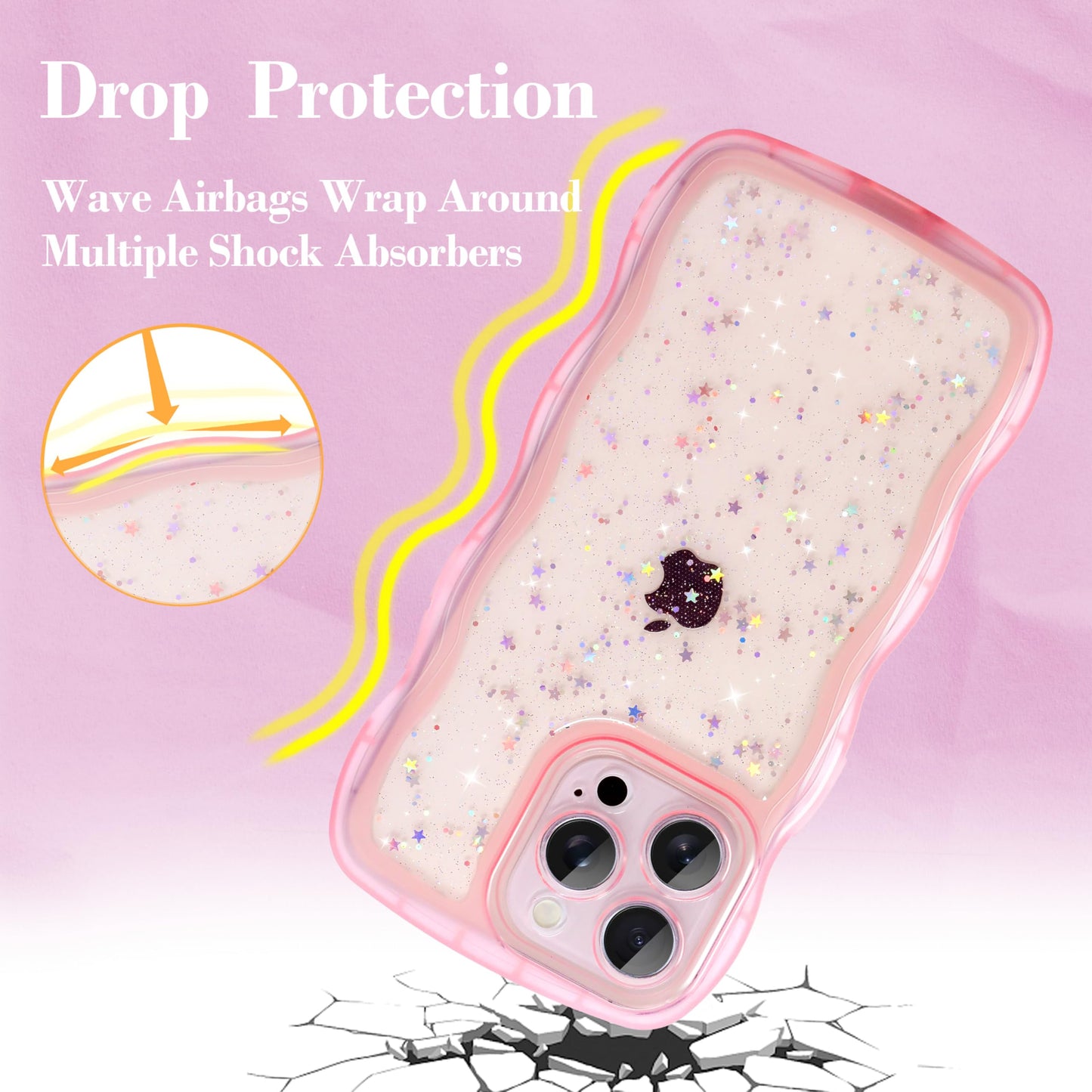 IAIYOXI Case for iPhone 14 Plus - Curly Wave Edge Design, Bling Glitter Star Shiny Case, Cute Pink Clear Full Protection Soft TPU Shockproof Cover